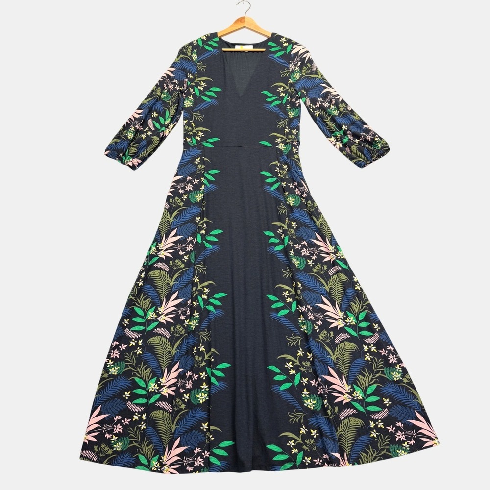 Boden Jodie Jersey Maxi Dress Floral V-Neck Dress Size 6 Long Sleeve Black  Boho